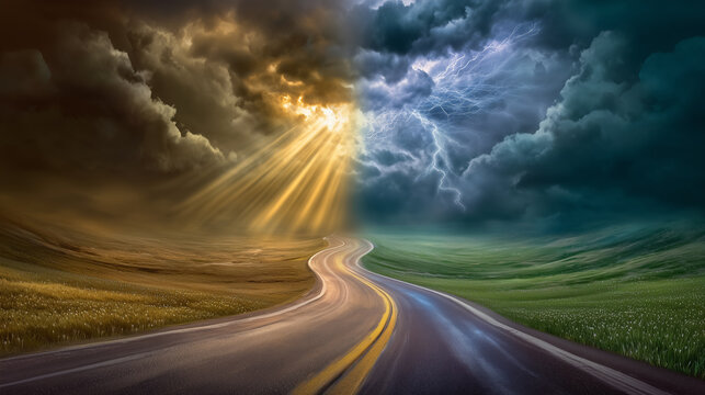 Forked road reveals contrasting storm clouds on one side and sun rays on the other. This landscape evokes decision-making between high-risk and safe choices