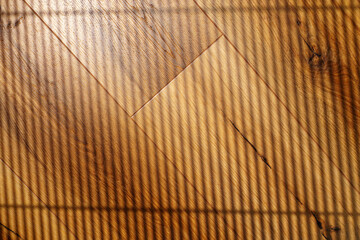 Light and shadows create patterns on wooden flooring in a sunlit room during a quiet afternoon
