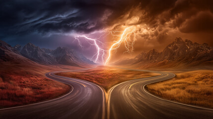 Road splits into two directions with storm clouds on one side and sun rays on the other. Dramatic landscape captures metaphor of high-risk versus safe choices
