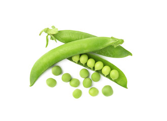 Fresh green peas in pods isolated on white, top view
