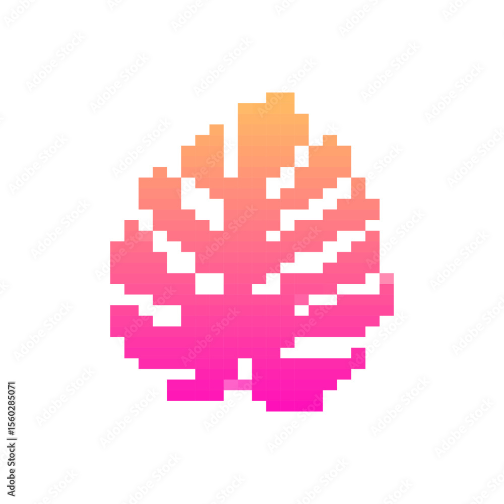 Poster pixel leaf icon with vibrant gradient colors in an 8-bit style for digital design elements.