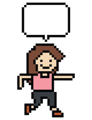 Pixel cartoon run exercise cute cartoon 8bit character woman lady run running jog cardio lifestyle decoration life style 8 bit female jog marathon exercise game 8 bit game vector.