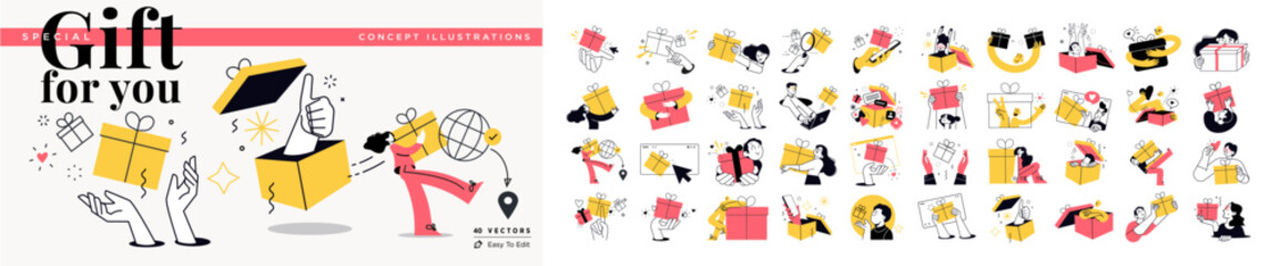 Gift for you concept illustrations. Set of people vector illustrations in various activities of e-commerce, delivery, shopping, giving or sending gifts, surprises and celebrations.