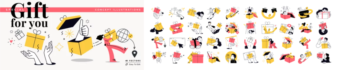 Selbstklebende Fototapeten Gift for you concept illustrations. Set of people vector illustrations in various activities of e-commerce, delivery, shopping, giving or sending gifts, surprises and celebrations. © PureSolution