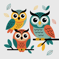 Three owls sitting on branches illustration, colorful vector graphic design
