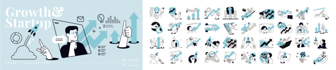 Obraz na płótnie Canvas Growth and startup concept illustrations. Set of people vector illustrations in various activities of business, marketing, strategy, planning, data analytics, startup, launch product, success.