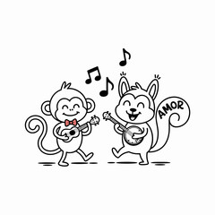 Naklejka premium Cartoon monkey squirrel musicians playing instruments with musical notes, friendship, love, black and white illustration