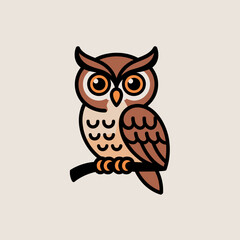 Obraz premium Cartoon owl illustration sitting on branch. Animal, nature, cute, bird, wildlife, drawing, cartoon, vector, icon, design