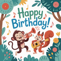 Fototapeta premium Happy birthday illustration with monkey playing trumpet and squirrel playing guitar