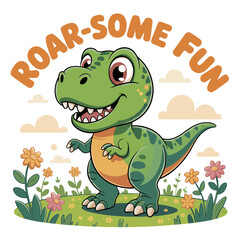 Naklejka premium Cartoon dinosaur, roar-some fun, cute reptile on grass with flowers and clouds background