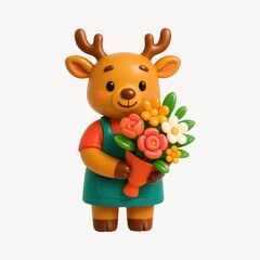 Obraz premium Cute deer holding flowers illustration.