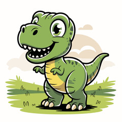 Naklejka premium Cartoon green dinosaur on grass, cute smiling prehistoric reptile character illustration