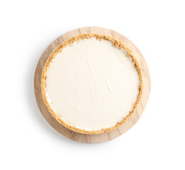 One tasty cheesecake isolated on white, top view