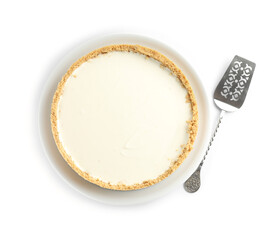 Tasty cheesecake and server isolated on white, top view