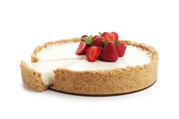 Tasty cheesecake with strawberries and mint isolated on white