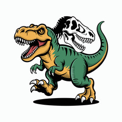 Obraz premium Cartoon tyrannosaurus rex walking with fossil skull, fierce predator extinct dinosaur
