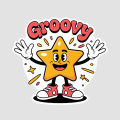 Groovy yellow star cartoon character with retro style, vintage cartoon
