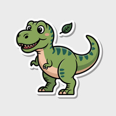 Naklejka premium Cartoon dinosaur with leaf, cute green T-Rex, prehistoric animal sticker
