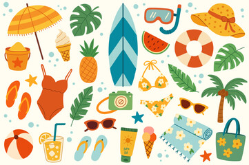 Summer beach sticker set flat hand drawn illustration. Flat hand drawn illustration. Palm trees, shells, tropical leaves, surfing, sandbag, sunscreen, swimsuit, hat, sunglasses, bag, flip flops.