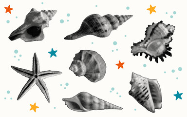 Set of seashells texture halftone. Collage cutout style. Sea stars and bubbles. Vector illustration. Retro collection of marine elements with photocopy effect. 