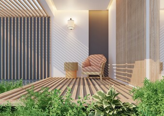 Minimalist Japanese-inspired outdoor terrace with wooden slats, natural lighting, and relaxing armchair. 3D rendering of a peaceful zen corner with modern architecture and greenery.
