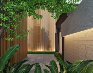 Empty entrance to the house is in a minimalist style,with an emphasis on wooden latticework, trees, and banana leaves, and there are walls with hidden lights. The atmosphere in the evening.3d render
