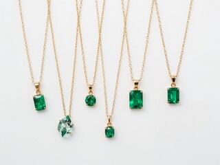Different emerald necklace design on plain white background