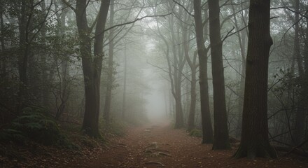 Fototapeta premium Foggy Forest Path Autumn Woods Landscape