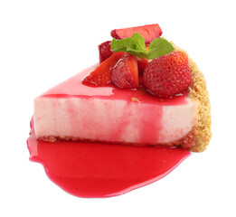 Piece of tasty cheesecake with strawberries, sauce and mint isolated on white