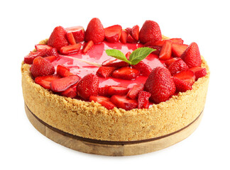 Delicious cheesecake with strawberries and mint isolated on white