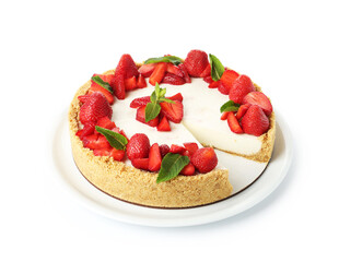 Delicious cheesecake with strawberries and mint isolated on white