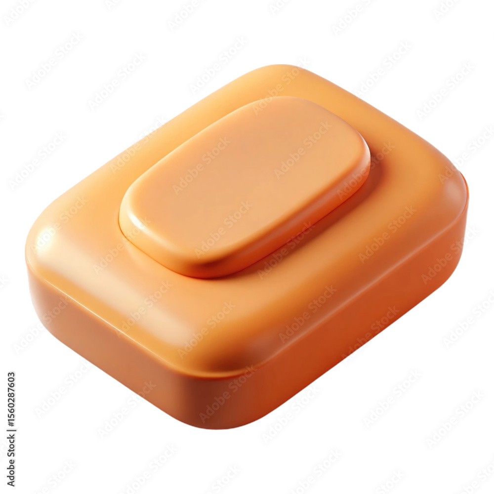 Poster close up high angle shot of an opaque orange rectangular soap bar with a smaller rectangular soap pi