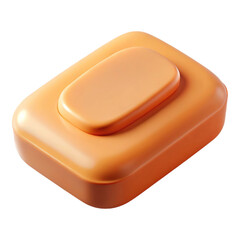 Close up high angle shot of an opaque orange rectangular soap bar with a smaller rectangular soap piece on top isolated on a transparent background
