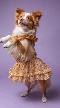 dancing dog standing upright on hind legs wearing top, isolated on plain purple studio background	