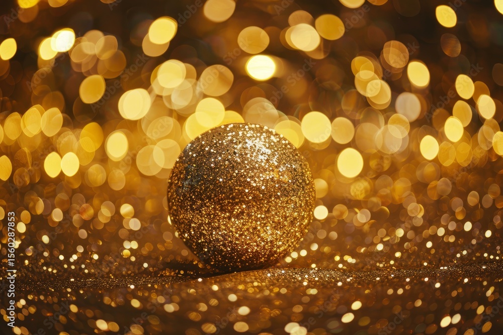Poster golden christmas ball is shining on a glittering background with bokeh effect, creating a festive an