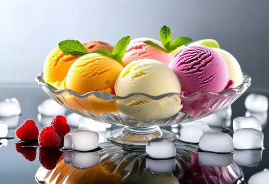 Grande coupe en verre contenant plusieurs boules de cr&egrave;mes glac&eacute;es aux parfums vari&eacute;s. Le support r&eacute;fl&eacute;chissant est parsem&eacute; de gla&ccedil;ons. Generated Image. 