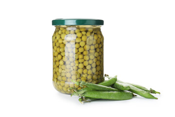 Pickled peas in jar and pods isolated on white