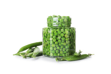 Fresh green peas in pickling jar and pods isolated on white