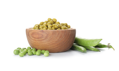 Pickled peas in bowl and pods isolated on white