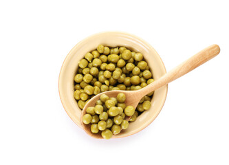 Pickled peas in bowl isolated on white, top view