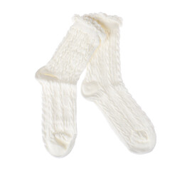 Pair of comfortable socks isolated on white, top view