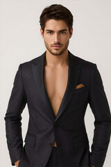 Fototapeta premium Shirtless Young Man in Black Speckled Blazer Studio Portrait