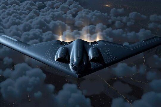 B2 Stealth Bomber Flying Over Clouds &ndash; Aerial View of Modern Military Aircraft in Flight
