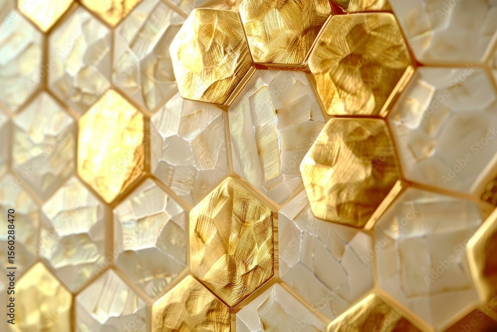 Poster close up of an abstract textured mosaic wall featuring alternating golden and mother of pearl hexago