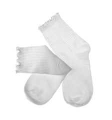 Pair of comfortable socks isolated on white, top view