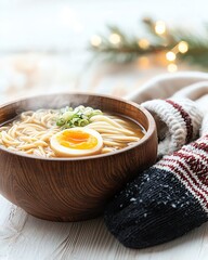 Korean Bungeoppang with Steam Rising beside winter gloves and scarf, styled with soft window snowlight and shallow depth of field