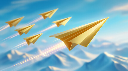 A flock of paper planes follows a prominent golden plane, symbolizing influence and guidance. Aerial view reveals motion blur trails against a pastel sky. Concept of aviation, leadership, innovation