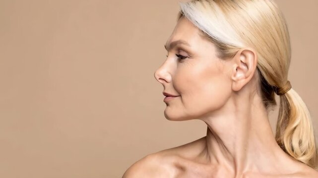 Mature woman's profile portrait on neutral backdrop showcasing natural skin and healthy ageing with blonde hair pulled into ponytail