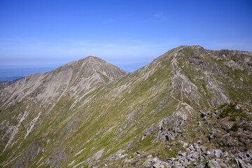 Breathtaking view of a mountain hiking trail leading to the summit, surrounded by lush greenery and...