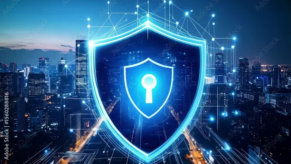 Poster cybersecurity shield over digital city network offering protection and data encryption through secur